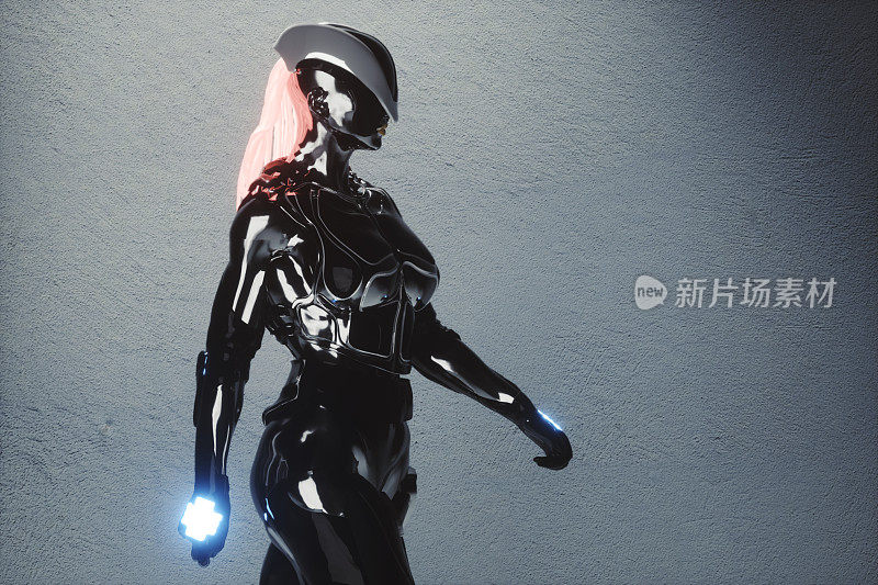 Futuristic female cyborg model in the street